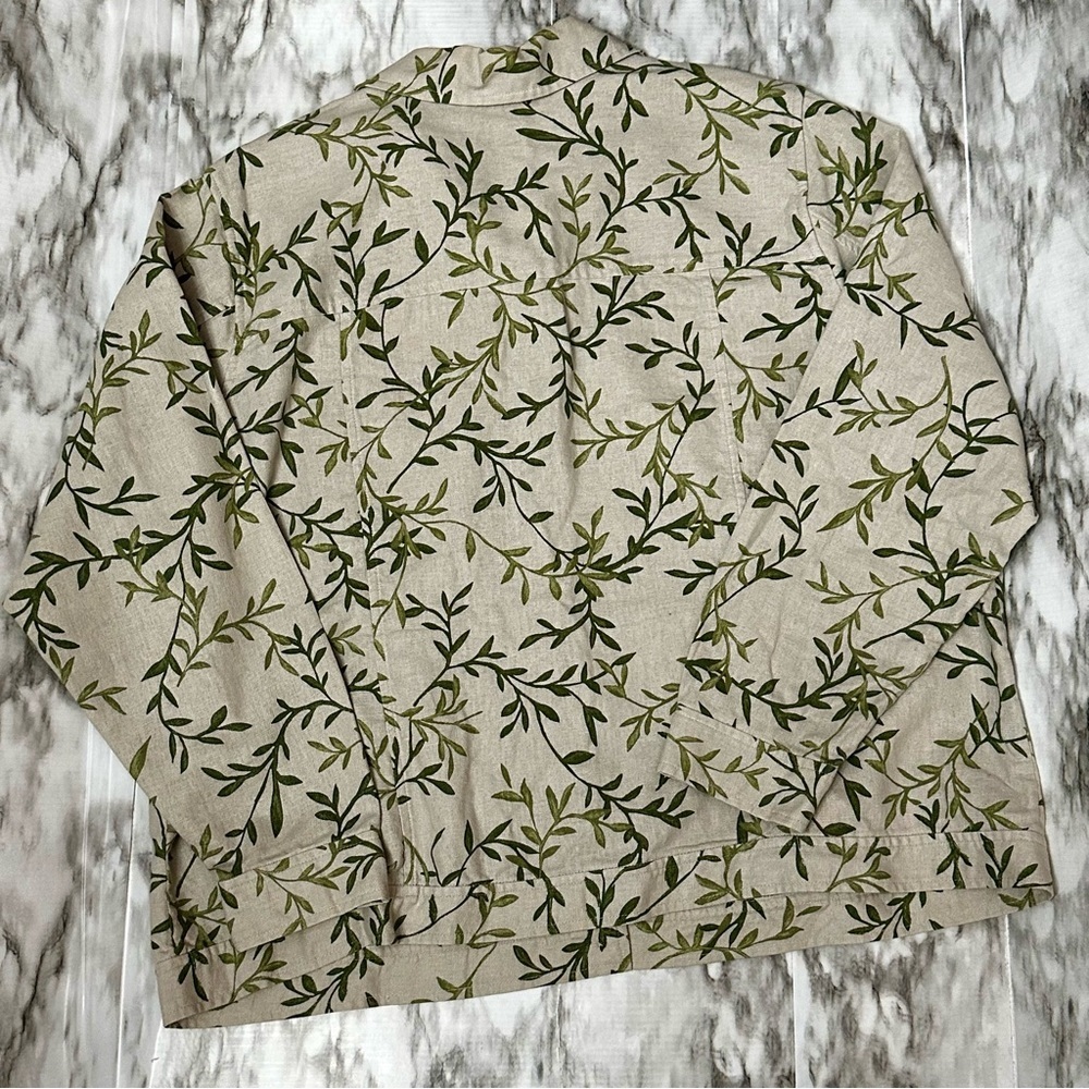 Leaf Patterned Beige Lightweight Jacket Linen Cot… - image 3